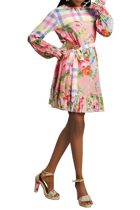 Buy_Nikasha_Pink Rose And Checkered Print Dress With Belt  _Online_at_Aza_Fashions