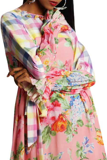 Nikasha_Pink Rose And Checkered Print Dress With Belt  _Online_at_Aza_Fashions
