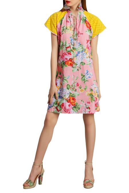 Buy_Nikasha_Yellow Tie Up Neck Rose Printed Dress  _Online_at_Aza_Fashions