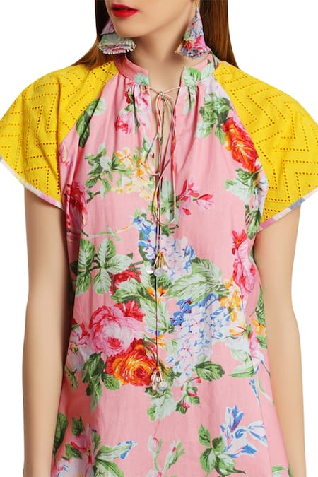 Nikasha_Yellow Tie Up Neck Rose Printed Dress  _Online_at_Aza_Fashions