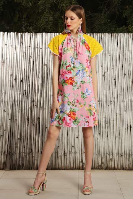 Nikasha Tie Up Neck Rose Printed Dress  
