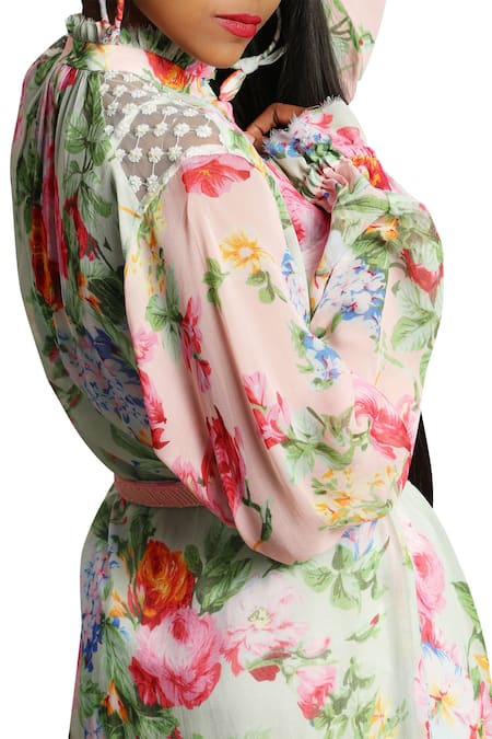 Nikasha_Green High Neck Collar Bishop Sleeves Printed Dress _Online_at_Aza_Fashions