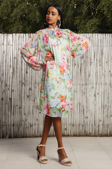 Nikasha Bishop Sleeves High Collar Printed Dress  