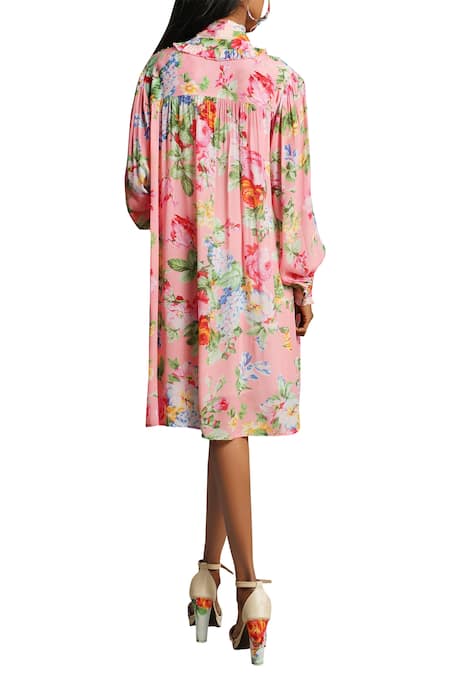 Nikasha Front Tie Up Rose Printed Embroidered Dress  