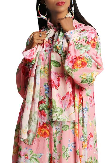 Nikasha_Pink Front Tie Up Rose Printed Embroidered Dress  _Online_at_Aza_Fashions