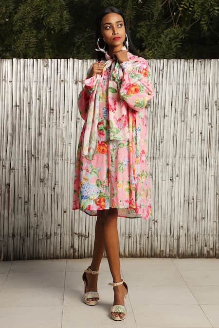 Nikasha Front Tie Up Rose Printed Embroidered Dress  