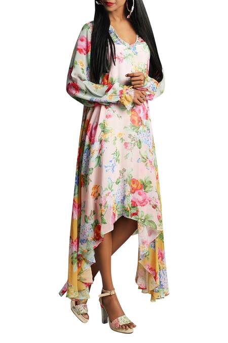 Buy_Nikasha_Pink Asymmetric Rose Printed Tunic Dress _Online_at_Aza_Fashions