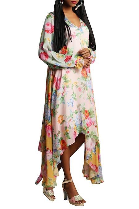 Nikasha_Pink Asymmetric Rose Printed Tunic Dress _Online_at_Aza_Fashions