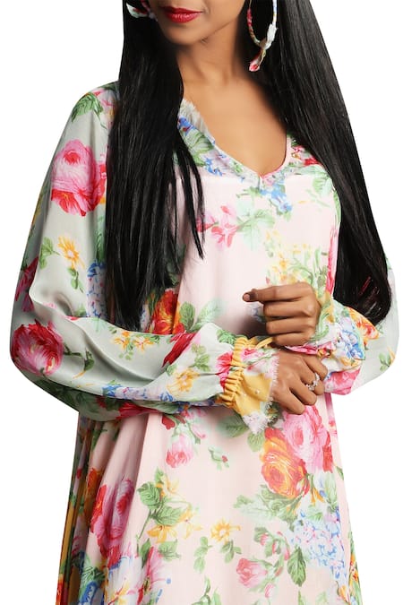 Shop_Nikasha_Pink Asymmetric Rose Printed Tunic Dress _Online_at_Aza_Fashions