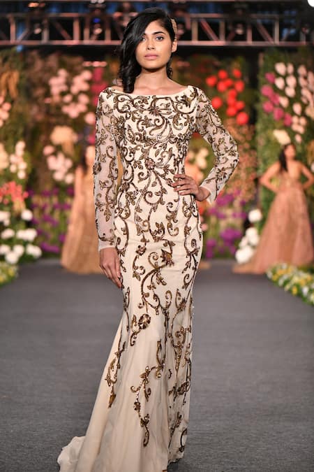 Shop_Kashmiraa_Gold Boat Neck Embroidered Trail Gown _at_Aza_Fashions