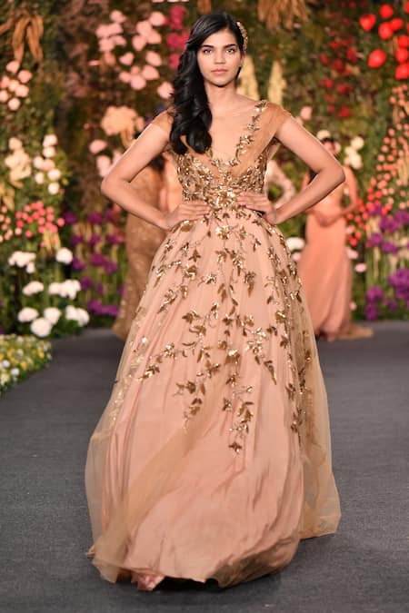 Shop_Kashmiraa_Peach Aari Embroidered Gown  _at_Aza_Fashions