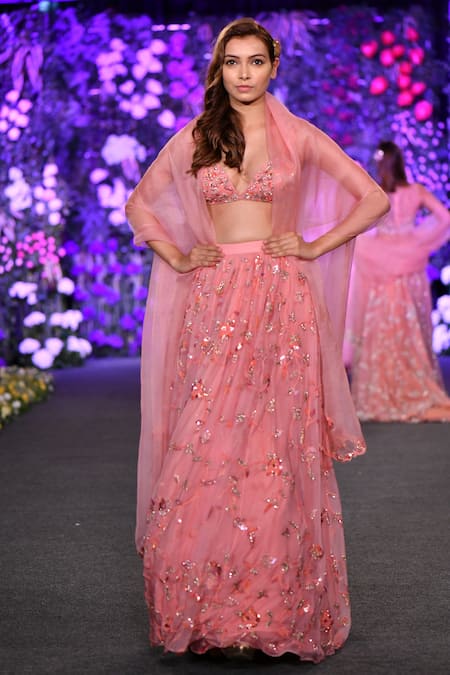 Kashmiraa Pink Organza Aari Sweetheart Neck Embroidered Bridal Lehenga Set 