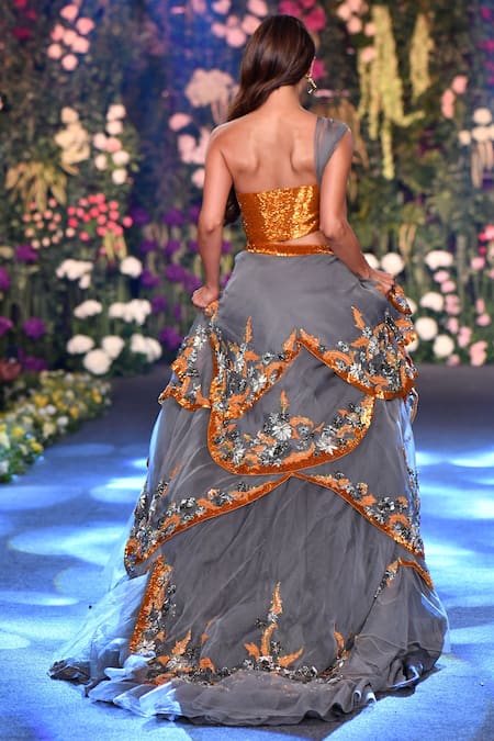 Shop_Kashmiraa_Gold Organza Aari Sweetheart Neck Embroidered Layered Bridal Lehenga Set _at_Aza_Fashions