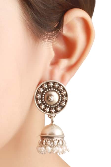 Shop_Sangeeta Boochra_Silver Plated Jhumkas With Snap Closure _at_Aza_Fashions