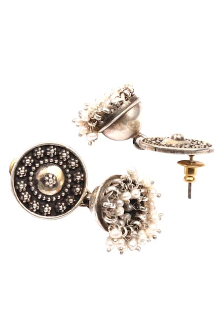 Sangeeta Boochra_Silver Plated Jhumkas With Snap Closure _Online_at_Aza_Fashions