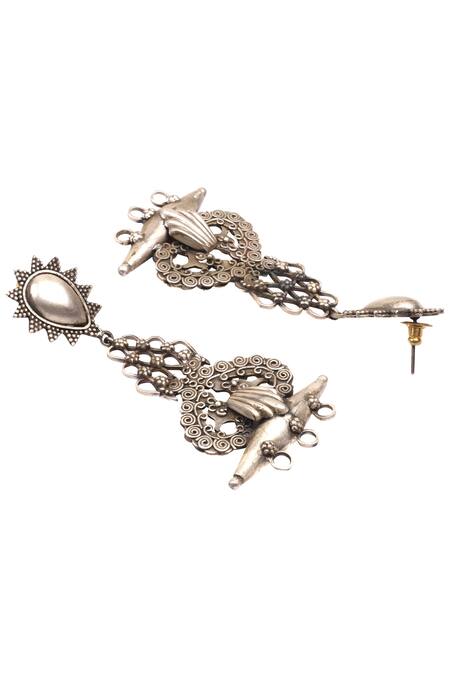 Sangeeta Boochra_Silver Plated Embroidery Baroque Long Dangler Earrings _Online_at_Aza_Fashions