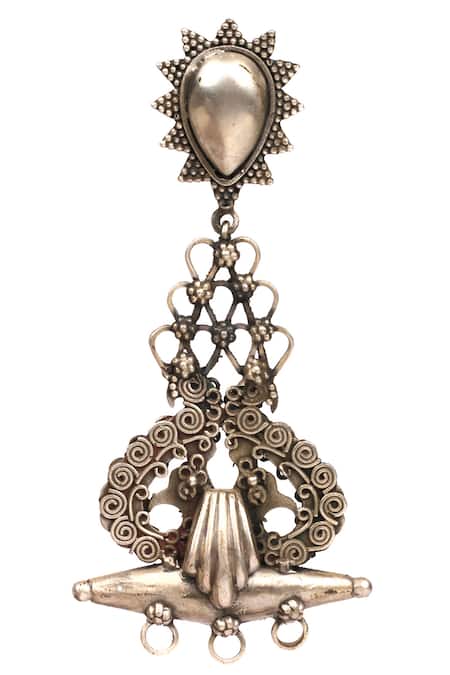 Buy_Sangeeta Boochra_Silver Plated Embroidery Baroque Long Dangler Earrings _Online_at_Aza_Fashions