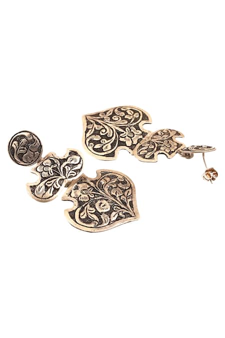 Sangeeta Boochra_Silver Plated Cut Work, Embroidery Carved Snap Closure Earrings _Online_at_Aza_Fashions