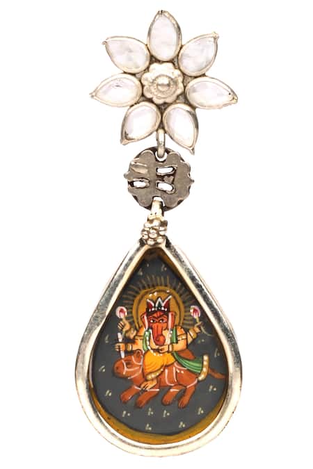 Shop Sangeeta Boochra White Stones Painted Ganesha Dangler Earrings at Aza Fashions Shop_Sangeeta Boochra_White Stones Painted Ganesha Dangler Earrings _at_Aza_Fashions