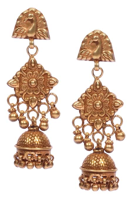 Sangeeta Boochra Gold Plated Textured Metal Jhumkas With Peacock Head