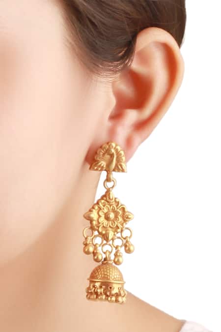 Shop_Sangeeta Boochra_Gold Plated Textured Metal Jhumkas With Peacock Head_at_Aza_Fashions