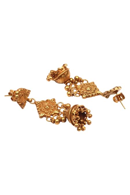 Sangeeta Boochra_Gold Plated Textured Metal Jhumkas With Peacock Head_Online_at_Aza_Fashions