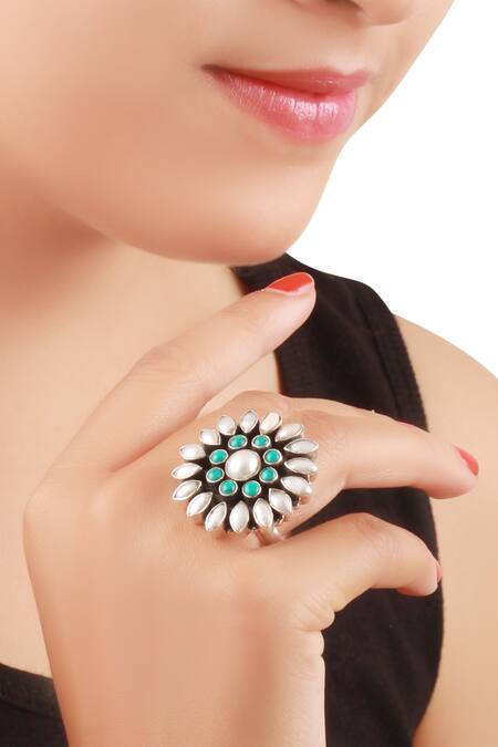 Shop_Sangeeta Boochra_White Stones, Pearls Flower Encrusted Finger Ring _at_Aza_Fashions