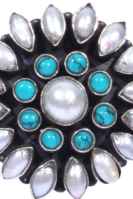 Buy_Sangeeta Boochra_White Stones, Pearls Flower Encrusted Finger Ring _Online_at_Aza_Fashions