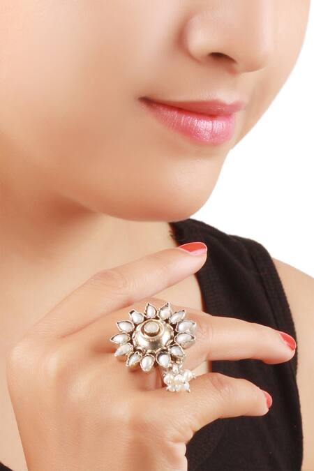 Shop_Sangeeta Boochra_Gold Plated Pearls, Stones Flower And Handcrafted Finger Ring _at_Aza_Fashions