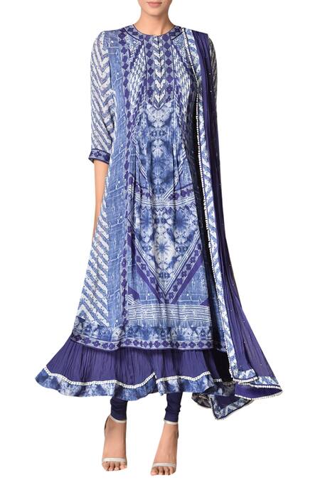 Ritu Kumar Blue Printed Layered Anarkali Kurta Set