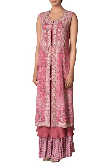 Buy_Ritu Kumar_Pink Printed Dress With Tie Up Jacket_Online_at_Aza_Fashions