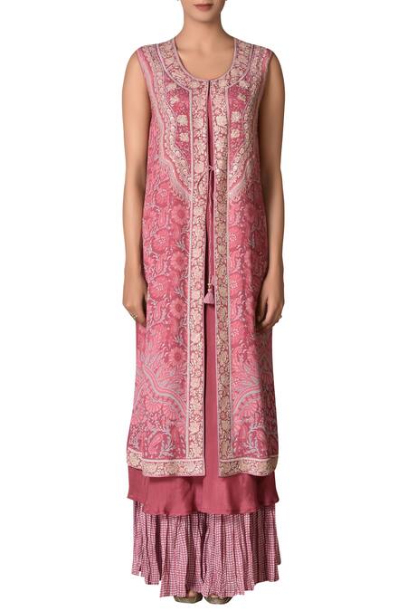 Shop_Ritu Kumar_Pink Printed Dress With Tie Up Jacket_Online_at_Aza_Fashions