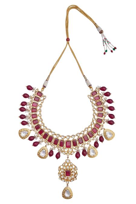 Moh-Maya By Disha Khatri_Pink Artificial Stones Adjustible Necklace And Earrings Set_Online_at_Aza_Fashions