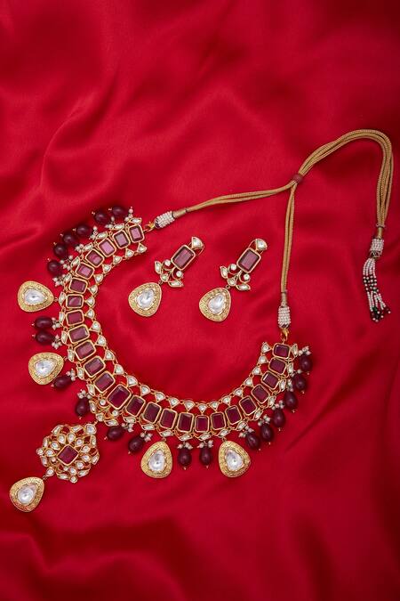 Buy_Moh-Maya By Disha Khatri_Pink Artificial Stones Adjustible Necklace And Earrings Set_Online_at_Aza_Fashions