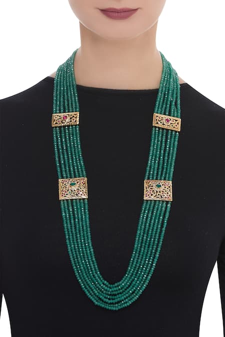 Shop_Moh-Maya By Disha Khatri_Green Multi Bead Jadau Necklace _at_Aza_Fashions