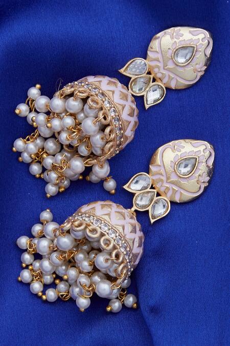 Shop Moh-Maya By Disha Khatri Gold Plated Metallic Thread, Pearls Meenakari Jhumka Earrings Online at Aza Fashions Shop_Moh-Maya By Disha Khatri_Gold Plated Metallic Thread, Pearls Meenakari Jhumka Earrings _Online_at_Aza_Fashions