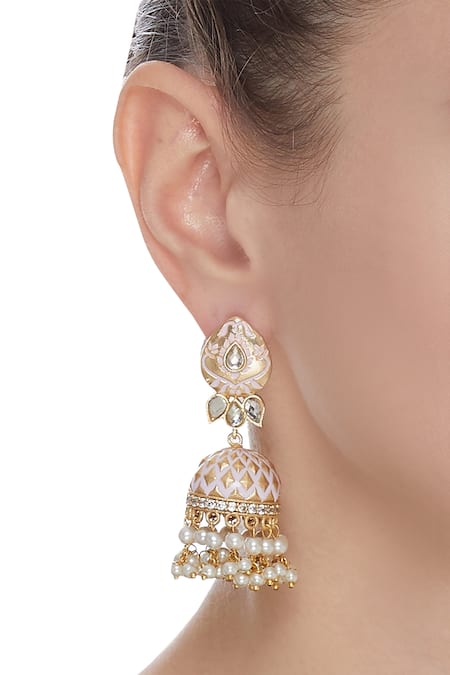 Shop Moh-Maya By Disha Khatri Gold Plated Metallic Thread, Pearls Meenakari Jhumka Earrings at Aza Fashions Shop_Moh-Maya By Disha Khatri_Gold Plated Metallic Thread, Pearls Meenakari Jhumka Earrings _at_Aza_Fashions