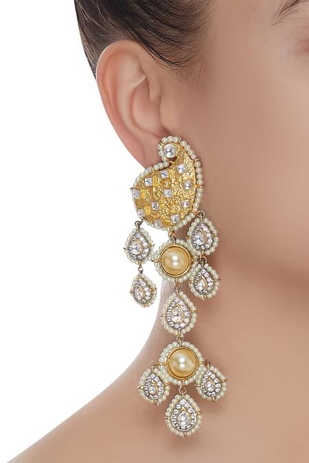 Shop Rohita Gold Plated Danglers With Pear Head at Aza Fashions Shop_Rohita_Gold Plated Danglers With Pear Head_at_Aza_Fashions