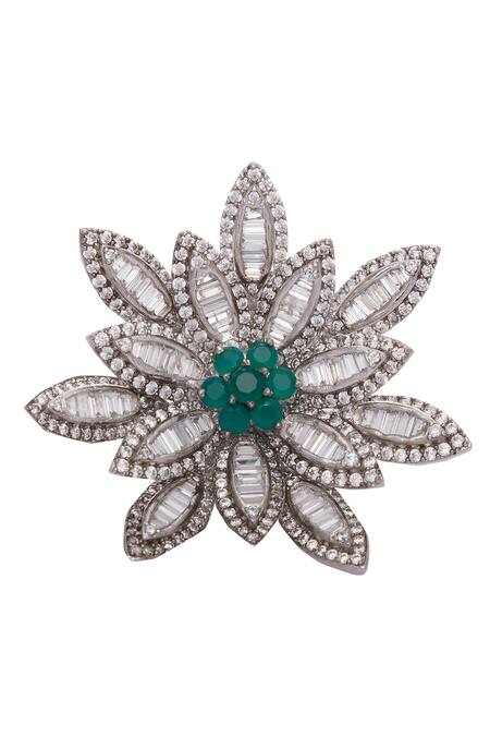 Rohita_Silver Plated Floral Crystal Studded Ring_Online_at_Aza_Fashions