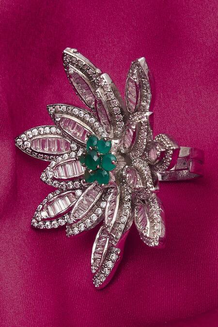 Buy_Rohita_Silver Plated Floral Crystal Studded Ring_Online_at_Aza_Fashions