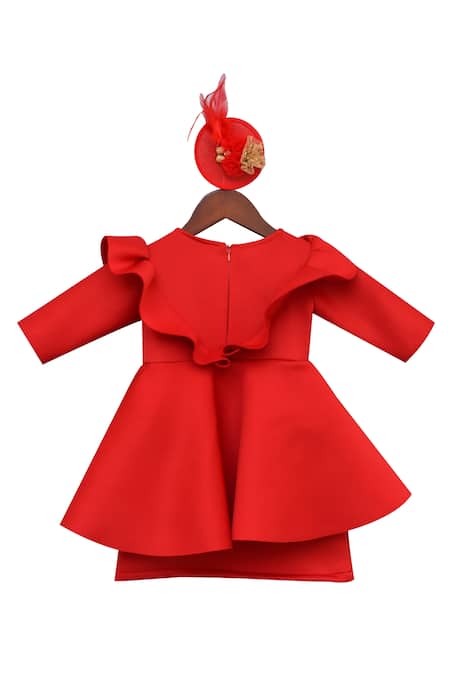 Shop Fayon Kids Red Neoprene Sequins, Ruffles Bow Dress at Aza Fashions Shop_Fayon Kids_Red Neoprene Sequins, Ruffles Bow Dress _at_Aza_Fashions