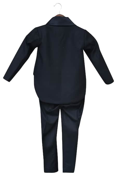 Shop Fayon Kids Blue Polyester, Cotton, Viscose Tuxedo Set With Waist Coat at Aza Fashions Shop_Fayon Kids_Blue Polyester, Cotton, Viscose Tuxedo Set With Waist Coat _at_Aza_Fashions