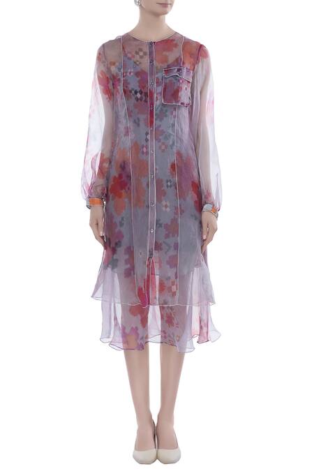 Shop_Saaksha & Kinni_Grey Abstratc Print Sheer Tunic_Online_at_Aza_Fashions