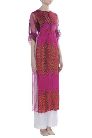 Saaksha & Kinni_Pink Leheriya Print Cinched Waist Kurti_Online_at_Aza_Fashions
