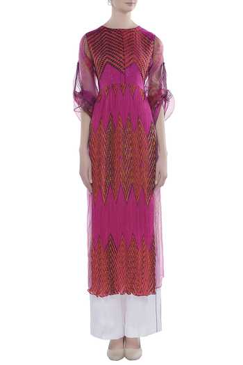 Shop_Saaksha & Kinni_Pink Leheriya Print Cinched Waist Kurti_Online_at_Aza_Fashions