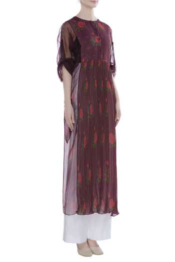 Saaksha & Kinni_Purple Floral Print Cinched Waist Kurti_Online_at_Aza_Fashions