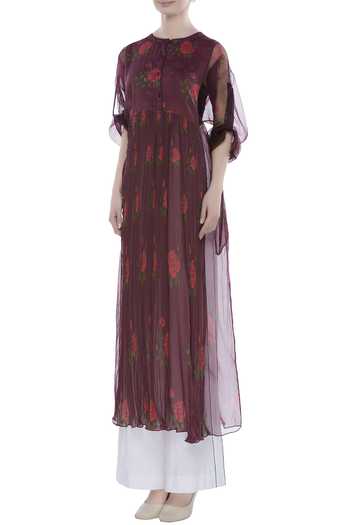 Buy_Saaksha & Kinni_Purple Floral Print Cinched Waist Kurti_Online_at_Aza_Fashions