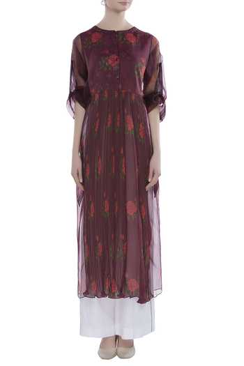 Shop_Saaksha & Kinni_Purple Floral Print Cinched Waist Kurti_Online_at_Aza_Fashions