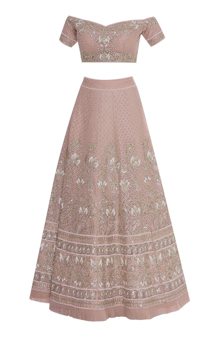 Shop_Ayushi Bhasin_Pink Hand Embroidered Off Shoulder Blouse And Lehenga Set_Online_at_Aza_Fashions