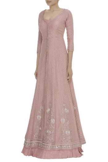 Ayushi Bhasin_Pink Embroidered Flared Jacket With Anarkali_Online_at_Aza_Fashions